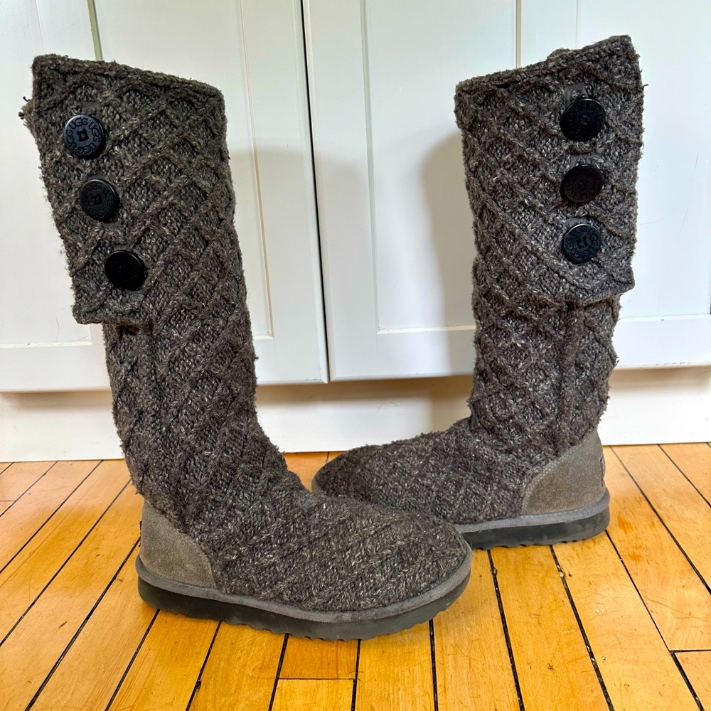 Ugg Australia Womens Lattice Cardy Knit Boots 3066 Gray Button Tall US 10